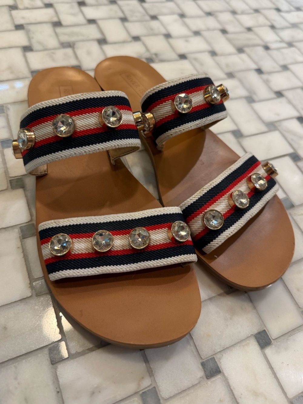 River Island Jeweled Striped Slide Sandals UK 6 / US 8 Rhinestone Embellished